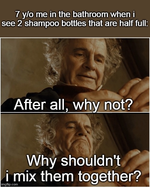 a | 7 y/o me in the bathroom when i see 2 shampoo bottles that are half full:; After all, why not? Why shouldn't i mix them together? | image tagged in bilbo - why shouldn t i keep it | made w/ Imgflip meme maker