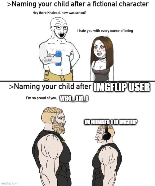 Naming your child after | IMGFLIP USER; WHO_ AM_I; IM NUMBER 1 IN IMGFLIP | image tagged in naming your child after | made w/ Imgflip meme maker
