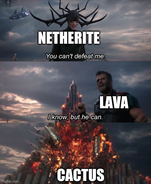 You can't defeat me | NETHERITE; LAVA; CACTUS | image tagged in you can't defeat me | made w/ Imgflip meme maker