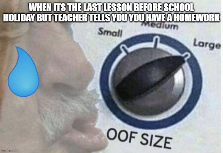 Oof size large |  WHEN ITS THE LAST LESSON BEFORE SCHOOL HOLIDAY BUT TEACHER TELLS YOU YOU HAVE A HOMEWORK | image tagged in oof size large | made w/ Imgflip meme maker