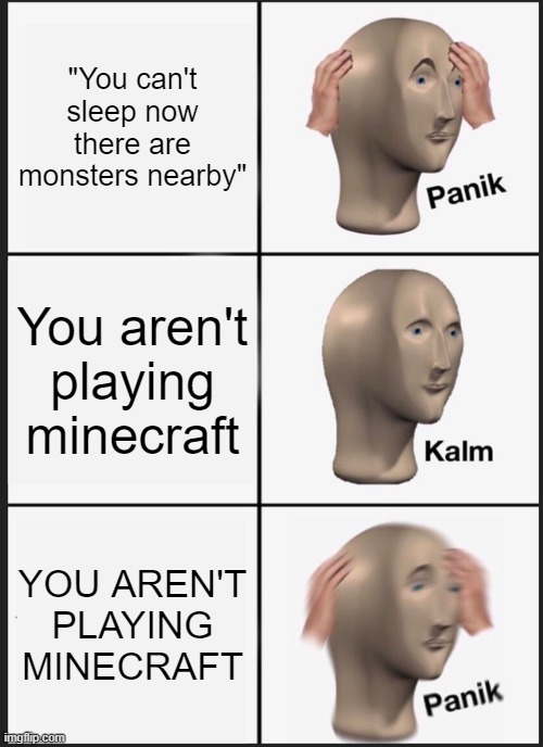 literally every horror movie ever | "You can't sleep now there are monsters nearby"; You aren't playing minecraft; YOU AREN'T PLAYING MINECRAFT | image tagged in memes,panik kalm panik | made w/ Imgflip meme maker