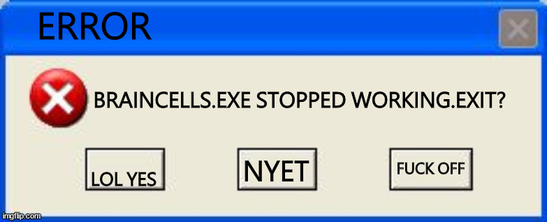 ERROR LOL YES BRAINCELLS.EXE STOPPED WORKING.EXIT? NYET FUCK OFF | image tagged in windows xp error | made w/ Imgflip meme maker