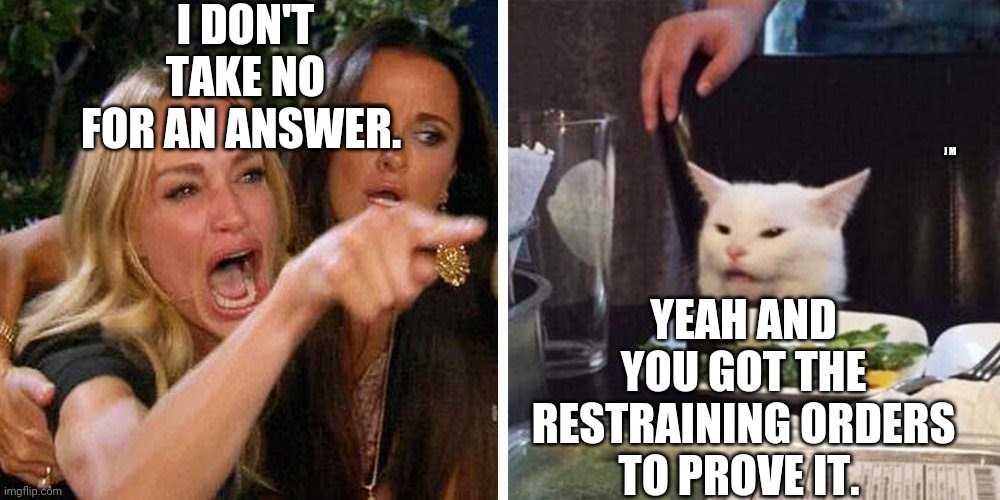 Smudge the cat | I DON'T TAKE NO FOR AN ANSWER. J M; YEAH AND YOU GOT THE RESTRAINING ORDERS TO PROVE IT. | image tagged in smudge the cat | made w/ Imgflip meme maker