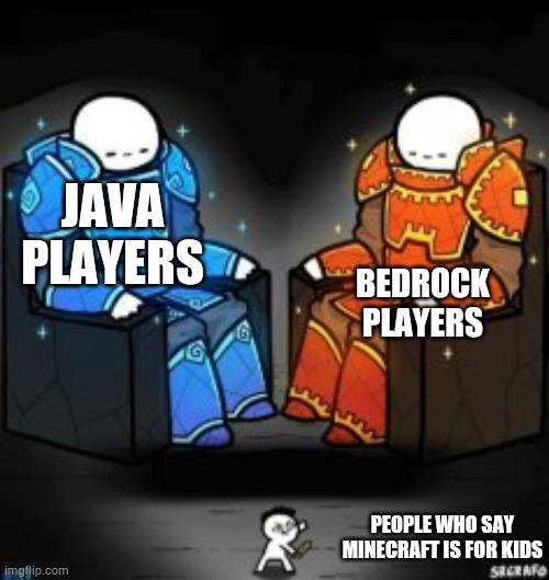 I don't care what version you play as long as you are not one of those ignorants | JAVA PLAYERS; BEDROCK PLAYERS; PEOPLE WHO SAY MINECRAFT IS FOR KIDS | image tagged in two big guys over a small guy | made w/ Imgflip meme maker