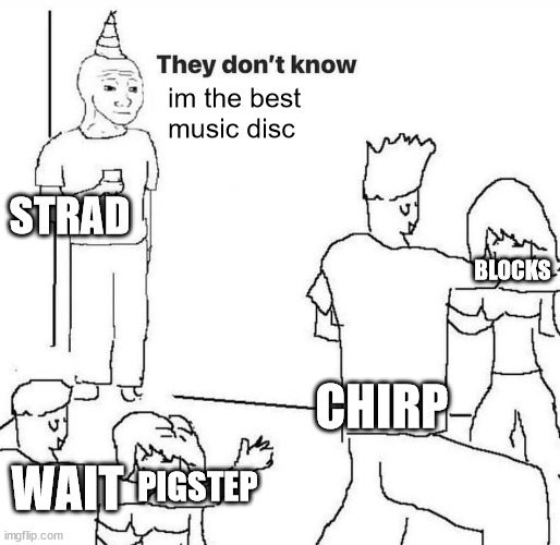 they dont know im the best minecraft music disc | im the best music disc; STRAD; BLOCKS; CHIRP; WAIT; PIGSTEP | image tagged in they dont know | made w/ Imgflip meme maker