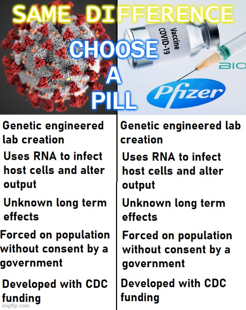 Same Difference; Choose a pill | SAME DIFFERENCE; CHOOSE
A
PILL | image tagged in covid vs vaccine | made w/ Imgflip meme maker