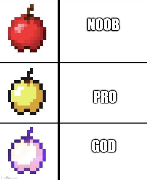 Minecraft apple format | NOOB; PRO; GOD | image tagged in minecraft apple format | made w/ Imgflip meme maker