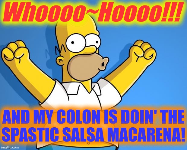 Woohoo Homer Simpson | Whoooo~Hoooo!!! AND MY COLON IS DOIN' THE
SPASTIC SALSA MACARENA! | image tagged in woohoo homer simpson | made w/ Imgflip meme maker