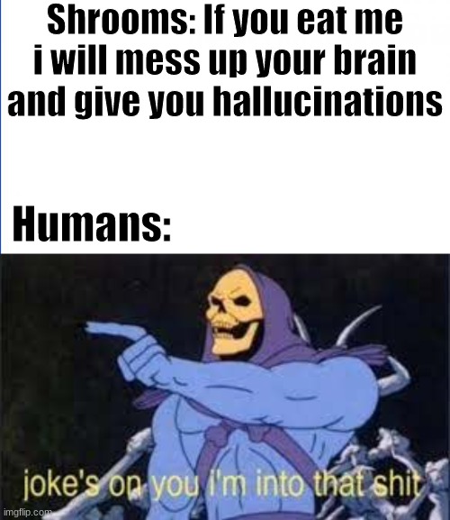 Shrooms: If you eat me i will mess up your brain and give you hallucinations; Humans: | image tagged in jokes on you im into that shit | made w/ Imgflip meme maker