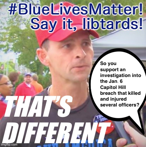 Blue Lives only Matter when they’re killing minorities? Okay, thanks for explaining, quintessential Trump supporter | #BlueLivesMatter! Say it, libtards! So you support an investigation into the Jan. 6 Capitol Hill breach that killed and injured several officers? THAT’S DIFFERENT | image tagged in trump supporter redux,conservative hypocrisy,conservative logic,capitol hill,riot,gop hypocrite | made w/ Imgflip meme maker