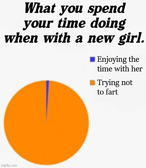 I think the blue sliver is too large. | What you spend your time doing when with a new girl. Enjoying the 
time with her; Trying not 
to fart | image tagged in pie chart meme,in a relationship,boys vs girls | made w/ Imgflip meme maker