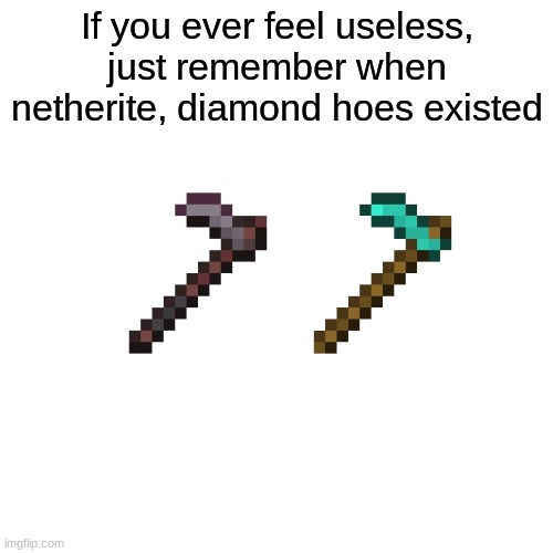 I don't spend my hoes on netherite  or diamonds | If you ever feel useless, just remember when netherite, diamond hoes existed | image tagged in memes,blank transparent square,diamond,netherite,useless stuff,minecraft | made w/ Imgflip meme maker