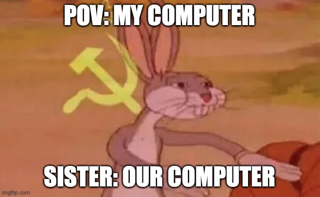 tru | POV: MY COMPUTER; SISTER: OUR COMPUTER | image tagged in bugs bunny communist | made w/ Imgflip meme maker