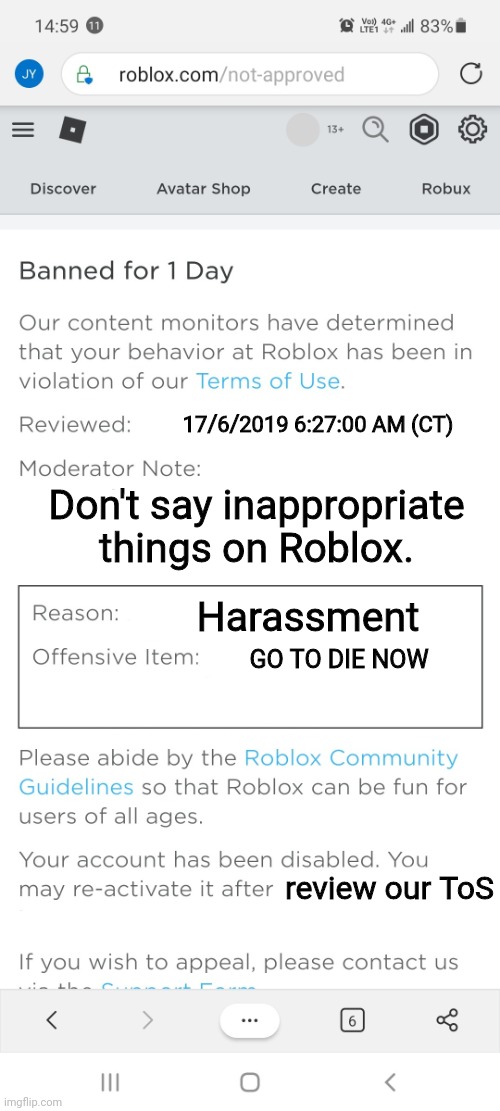 Banned For Roblox Imgflip - roblox tos violation ban
