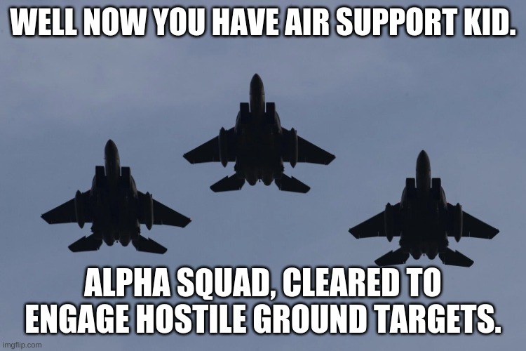 Fighter jet postal worker | WELL NOW YOU HAVE AIR SUPPORT KID. ALPHA SQUAD, CLEARED TO ENGAGE HOSTILE GROUND TARGETS. | image tagged in fighter jet postal worker | made w/ Imgflip meme maker