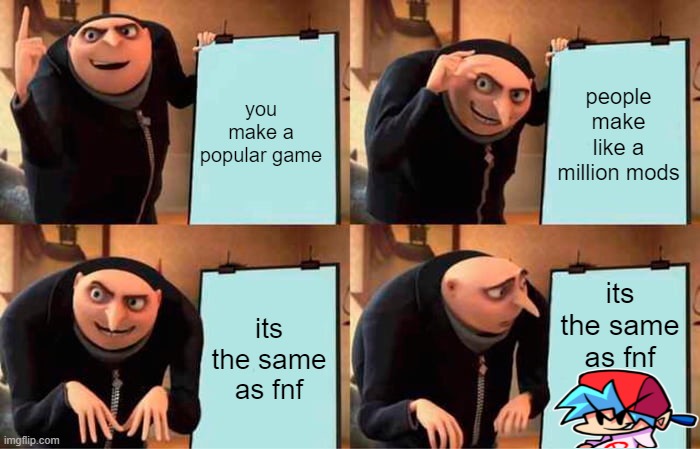 Gru's Plan | you make a popular game; people make like a million mods; its the same as fnf; its the same as fnf | image tagged in memes,gru's plan | made w/ Imgflip meme maker