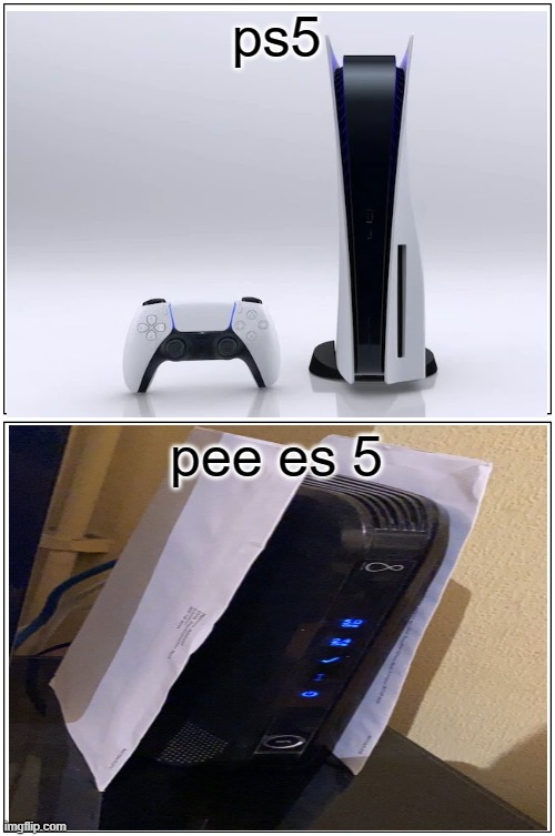 i do not even know wat to name this | ps5; pee es 5 | image tagged in memes,blank comic panel 1x2,ps5 | made w/ Imgflip meme maker