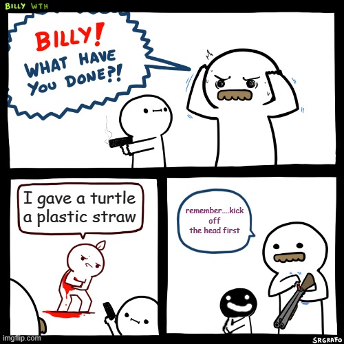 billy 2.0 | I gave a turtle a plastic straw; remember....kick off the head first | image tagged in billy what have you done | made w/ Imgflip meme maker