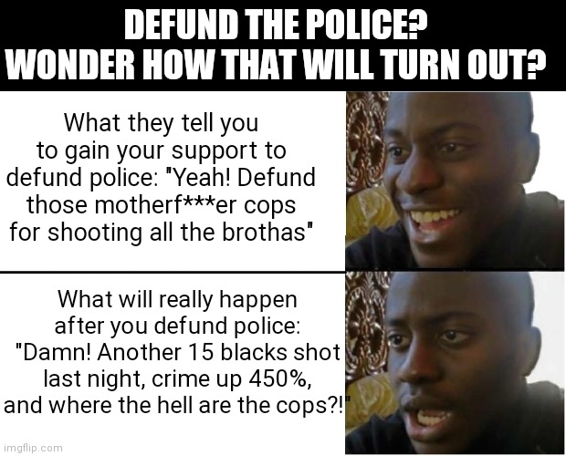 Only Democrat politicians are dumb enough to cut off their hands before a sword fight. You don't have to do the same. | DEFUND THE POLICE? WONDER HOW THAT WILL TURN OUT? What they tell you to gain your support to defund police: "Yeah! Defund those motherf***er cops for shooting all the brothas"; What will really happen after you defund police: "Damn! Another 15 blacks shot last night, crime up 450%, and where the hell are the cops?!" | image tagged in disappointed black guy,police,liberal logic | made w/ Imgflip meme maker