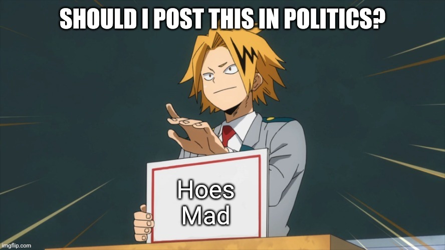 Denki Hoes Mad | SHOULD I POST THIS IN POLITICS? | image tagged in denki hoes mad | made w/ Imgflip meme maker