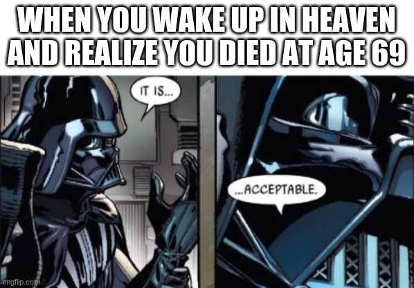 Nice |  WHEN YOU WAKE UP IN HEAVEN AND REALIZE YOU DIED AT AGE 69 | image tagged in it is acceptable | made w/ Imgflip meme maker