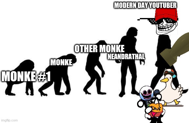 Human Evolution | MODERN DAY YOUTUBER; OTHER MONKE; NEANDRATHAL; MONKE; MONKE #1 | image tagged in human evolution | made w/ Imgflip meme maker