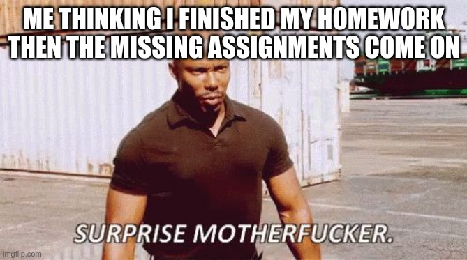 Suprise MothaFocka | ME THINKING I FINISHED MY HOMEWORK THEN THE MISSING ASSIGNMENTS COME ON | image tagged in suprise mothafocka | made w/ Imgflip meme maker
