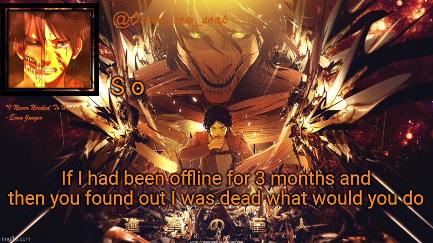 Idfk I'm bored | S o; If I had been offline for 3 months and then you found out I was dead what would you do | image tagged in soap's eren temp | made w/ Imgflip meme maker