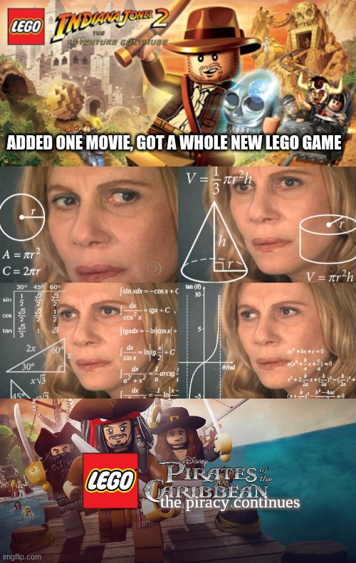 "oh no no-" | ADDED ONE MOVIE, GOT A WHOLE NEW LEGO GAME; the piracy continues | image tagged in calculating meme,lego,video games,classic movies,action movies | made w/ Imgflip meme maker