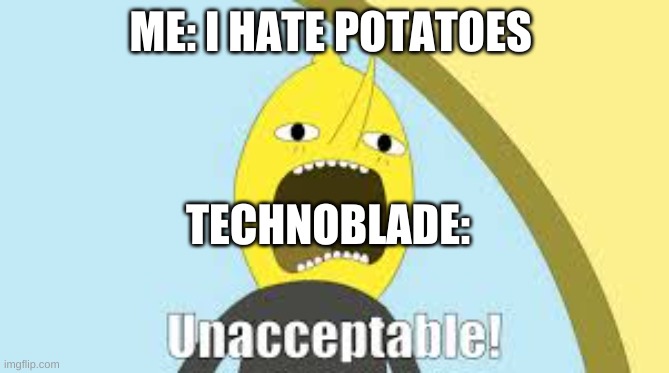 Unnacceptable | ME: I HATE POTATOES; TECHNOBLADE: | image tagged in unnacceptable | made w/ Imgflip meme maker