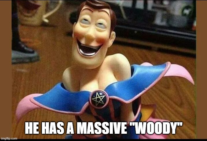 cursed woody | HE HAS A MASSIVE "WOODY" | image tagged in cursed woody | made w/ Imgflip meme maker