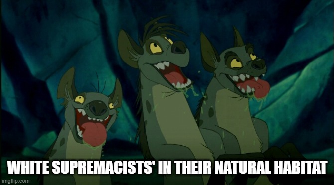 Hyenas | WHITE SUPREMACISTS' IN THEIR NATURAL HABITAT | image tagged in lion king hyenas | made w/ Imgflip meme maker