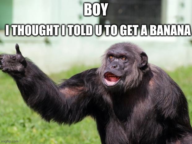 Angry Supervisor Monkey | I THOUGHT I TOLD U TO GET A BANANA; BOY | image tagged in angry supervisor monkey | made w/ Imgflip meme maker