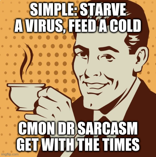 how you deal with sniffles? | SIMPLE: STARVE A VIRUS, FEED A COLD; CMON DR SARCASM GET WITH THE TIMES | image tagged in mug approval | made w/ Imgflip meme maker