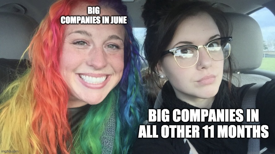 Seriously, putting a rainbow on your logo won't help us. | BIG COMPANIES IN JUNE; BIG COMPANIES IN ALL OTHER 11 MONTHS | image tagged in rainbow hair and goth | made w/ Imgflip meme maker