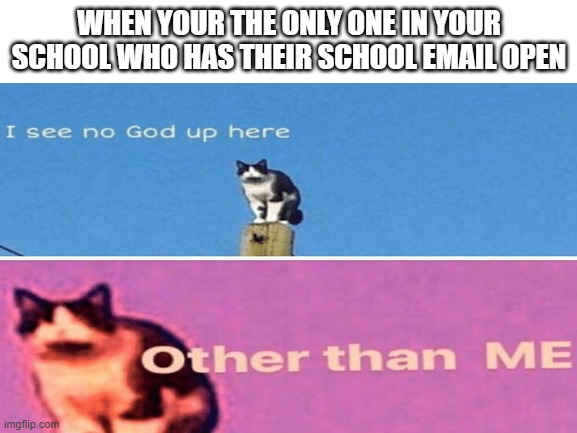 WHEN YOUR THE ONLY ONE IN YOUR SCHOOL WHO HAS THEIR SCHOOL EMAIL OPEN | image tagged in godstatus | made w/ Imgflip meme maker