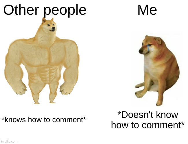 Buff Doge vs. Cheems Meme | Other people; Me; *knows how to comment*; *Doesn't know how to comment* | image tagged in memes,buff doge vs cheems | made w/ Imgflip meme maker