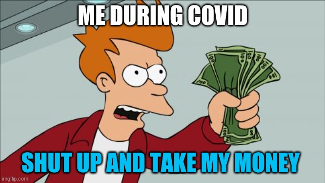 Shut Up And Take My Money Fry | ME DURING COVID; SHUT UP AND TAKE MY MONEY | image tagged in memes,shut up and take my money fry | made w/ Imgflip meme maker