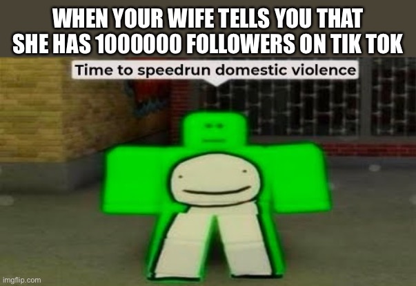 Oof | WHEN YOUR WIFE TELLS YOU THAT SHE HAS 1000000 FOLLOWERS ON TIK TOK | image tagged in time to speedrun domestic violence | made w/ Imgflip meme maker