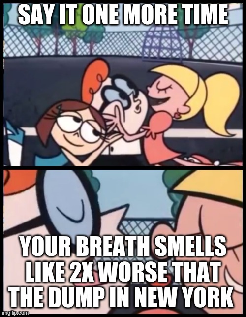 u smell | SAY IT ONE MORE TIME; YOUR BREATH SMELLS LIKE 2X WORSE THAT THE DUMP IN NEW YORK | image tagged in memes,say it again dexter | made w/ Imgflip meme maker