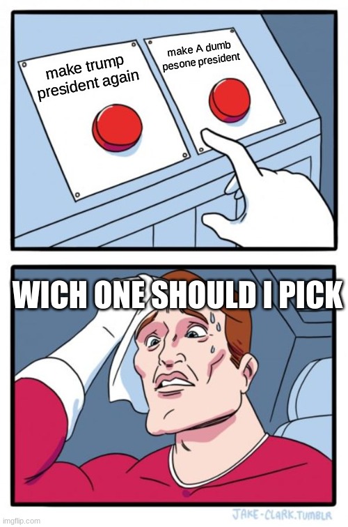 Two Buttons Meme |  make A dumb pesone president; make trump president again; WICH ONE SHOULD I PICK | image tagged in memes,two buttons | made w/ Imgflip meme maker