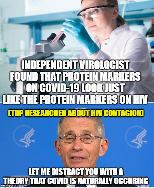 INDEPENDENT VIROLOGIST FOUND THAT PROTEIN MARKERS ON COVID-19 LOOK JUST LIKE THE PROTEIN MARKERS ON HIV; (TOP RESEARCHER ABOUT HIV CONTAGION); LET ME DISTRACT YOU WITH A THEORY THAT COVID IS NATURALLY OCCURING | image tagged in scientist researcher,dr fauci | made w/ Imgflip meme maker