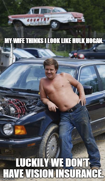 MY WIFE THINKS I LOOK LIKE HULK HOGAN. LUCKILY WE DON'T HAVE VISION INSURANCE. | made w/ Imgflip meme maker