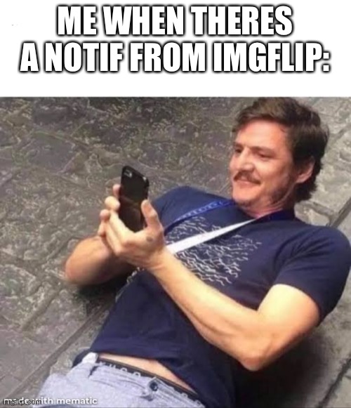 Pedro pascal smiling at phone | ME WHEN THERES A NOTIF FROM IMGFLIP: | image tagged in pedro pascal smiling at phone | made w/ Imgflip meme maker