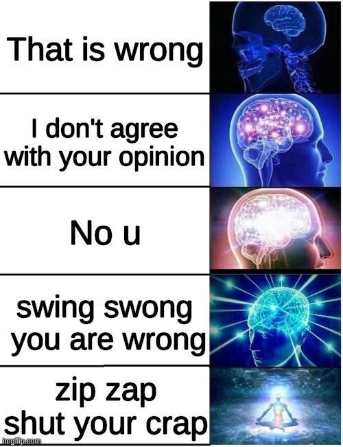 Fun | That is wrong; I don't agree with your opinion; No u; swing swong  you are wrong; zip zap shut your crap | image tagged in brain expanding meme | made w/ Imgflip meme maker