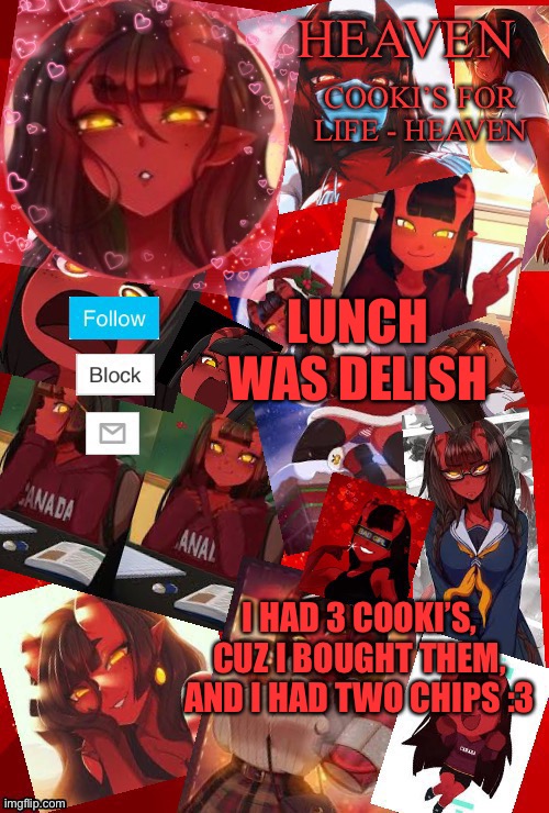 RICH RICH RICH RICH | LUNCH WAS DELISH; I HAD 3 COOKI’S, CUZ I BOUGHT THEM, AND I HAD TWO CHIPS :3 | image tagged in heaven meru | made w/ Imgflip meme maker