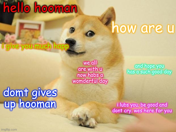 Doge 2 | hello hooman; how are u; i give you much happ; we all are with u now habs a womderful day; and hope you has a such good day; domt gives up hooman; i lubs you. be good and dont cry. wes here for you | image tagged in memes,doge 2 | made w/ Imgflip meme maker