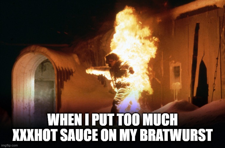 Big Mistake! | WHEN I PUT TOO MUCH XXXHOT SAUCE ON MY BRATWURST | image tagged in thing,the thing,fire,hot sauce | made w/ Imgflip meme maker