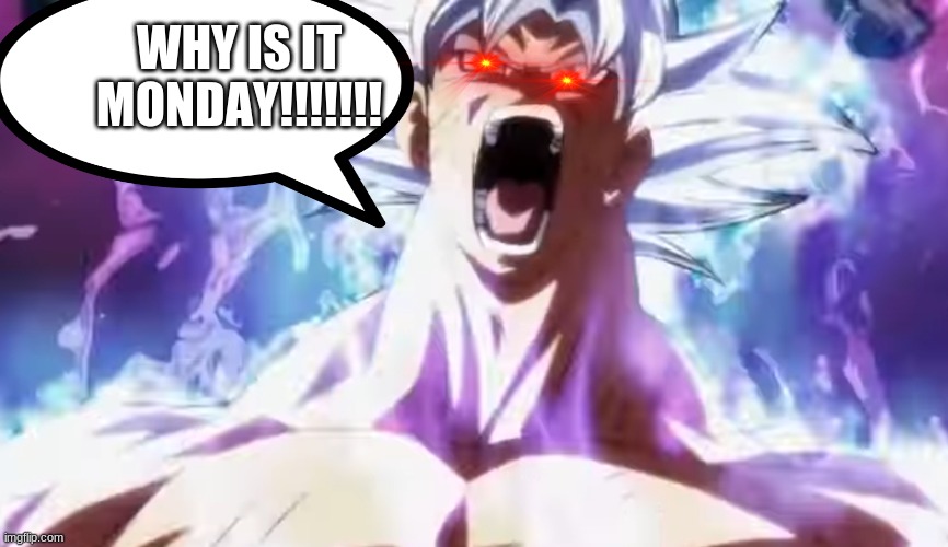 when it is monday | WHY IS IT MONDAY!!!!!!! | image tagged in goku,ultra instinct goku,mad,monday | made w/ Imgflip meme maker