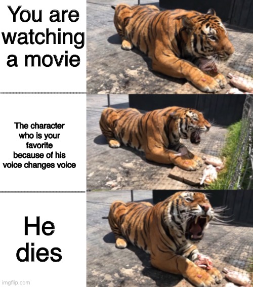 Alcyone a Siberian Tiger | You are watching a movie; The character who is your favorite because of his voice changes voice; He dies | image tagged in alcyone,tiger,siberian tiger,alcyone a siberian tiger | made w/ Imgflip meme maker